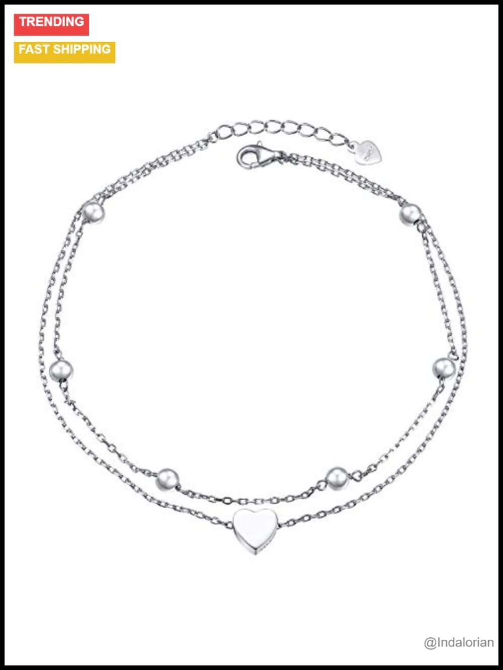 S925 Sterling Silver Heart Charm Beaded Anklet Women